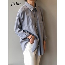 Jielur 미니멀리스트 여성용 루스 화이트 셔츠 턴 다운 칼라 솔리드 탑스 2022 봄 여름 블라우스