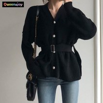퀸앤조이 루즈핏 V넥 벨티드 가디건***판매자 퀸앤조이***