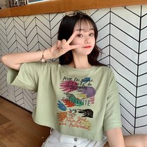 XINHUA 짧은 -Sleeved 100 순수한면 노출 배꼽 초트라 -느슨한 느슨한 큰 크기 ins 학생 T 인쇄 ZB-253275