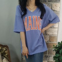상상그이상 여성용 국내제작 마인 브이넥 반팔티 부드러운 피그먼트 소재 면티셔츠 빅레터링 포인트 편안한코디 뱃살커버 반소매 롱티셔츠
