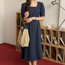 린넨 스퀘어넥 퍼프 소매 롱 원피스 반팔 여름 치마