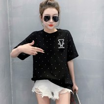 JUMING#. 반소매여름 반팔 상의 중공 징구슬 루즈핏 순면 반팔 티여자63