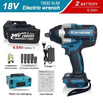 Kamolee1800 NM 하이 토크 90Ah 9000mAh 브러시리스 전기 임팩트 렌치 마끼다 18V 배터리용, 미국+Two6.0AH BAT Plastic
