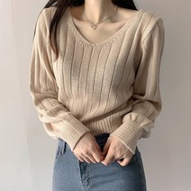 오버클래쓰 여성 니트 긴팔 V넥 무지 슬림핏 데일리 기본 스웨터