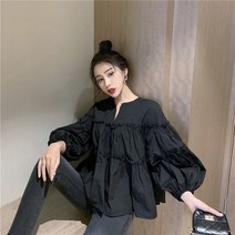 포린박스 블랙 캉캉 퍼프 벌룬 코튼 빈티지 블라우스 YJ