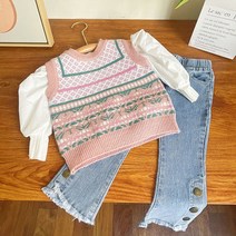 뽀뽀뽀 아동복 여아 로제 3종세트 (블라우스+조끼+청바지)