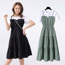 마쿠쿠 티셔츠 혼합 여성 반팔 A라인 캉캉 미디 원피스