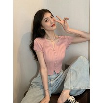 여성 반팔 라운드 크롭 니트티 V 넥 블랙 아이스 실크 니트 가디건 티셔츠 여성용