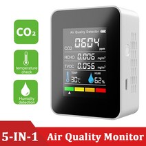 미세먼지측정기 실내공기질 산소농도 이산화탄소 경보기 5/3 In 1 이산화탄소 검출기 TVOC HCHO 모니터 창, 02 White No Battery