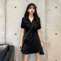협력브랜드 카라 브이넥 날씬 언발 미니 반팔 원피스 데이트룩