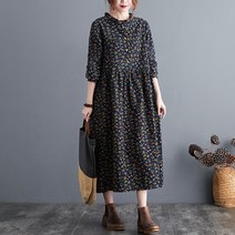 린넨 면 마 여름 원피스 데일리 중년 여성 문학과 예술 레트로 균류 컬러 미니 꽃무늬 면 린넨 긴소매