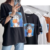 8971 (국내산) 여성 프린트 면 롱 티셔츠 77 나염 티 오버핏 박스 봄 여름 구제티