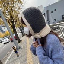 에이치스 국내제작 포근배색 왕버튼 포인트 니트 바라클라바 후드모자