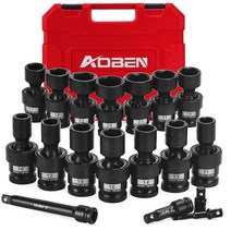 AOBEN 18피스 1.3cm(1/2인치) 드라이브 쉘로우 범용 임팩트 소켓 세트 6포인트 미터법 10-24mm Cr-V 스틸 연장 바 및 어댑터 포함