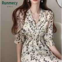 런메시Runmecy 여성 쉬폰원피스 수목화 원피스 플레어 원피스