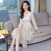 도오빠 여자원피스 도트 브이넥 쉬폰 케이크 드레스 복고풍 프랑스 레트로 치마 스커트 데이트룩 봄 여름 가을 직장인 대학생 캐주얼 패션 코디 여성 원피스