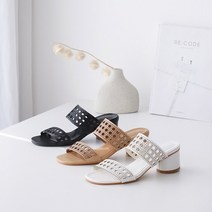 프리티슈 여성 투스트랩 펀칭 미들힐 뮬 슬리퍼 샌들 힐 5cm