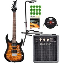 일렉기타입문 Ibanez GRX70QA GIO 6줄 솔리드 바디 일렉트릭 기타오른손 선버스트 번들 10와트 앰프 기타 스탠드 케이블 학습서 및 피크12팩6개 품목