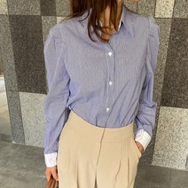 스트라이프 어깨 볼륨 뽕 코튼 핀턱 블라우스 셔츠 남방
