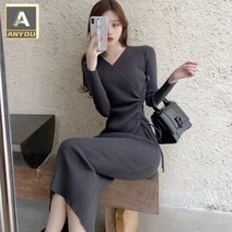 FANY 긴팔 원피스 여 춘추 슬림 스트링 브이넥 니트 스커트 솔리드 타이트 하객원피스