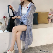 Makone 여성 봄여름 체크 후드 셔츠형 롱 가디건 +고급손톱깎이 증정