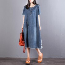 데님 원피스 반팔 원피스 2023 여름 루즈핏 미디 라운드 빅사이즈 원피스 Whr0462