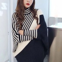 시밀러룩 커플 웨딩촬영커플룩 여성 streetwear 나사 스레드 batwing 슬리브 스웨터 가을 겨울 스트라이프 spliced ​​한국어 터틀넥 비대칭 점퍼