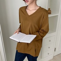 코지 여자 카라멜 트임 포인트 브이넥 루즈핏 긴팔티