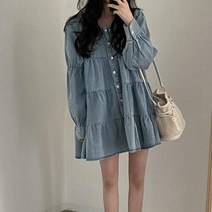 탑보그 빈티지 데님 셔츠 미니 원피스(2컬러)