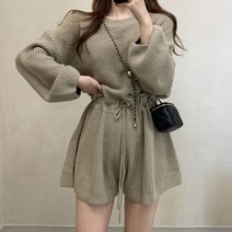 [랜덤플레이] 라운드넥 밴딩 니트 와이드 점프수트