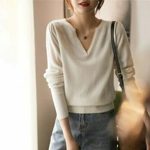 베프몰 여성 고급 금사 울 니트 예쁜 브이넥 티 셔츠 크림