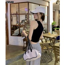 DFMEI 포트 사선 어깨 언밸런스 나시 탑 니트 스판 양기 나시 여