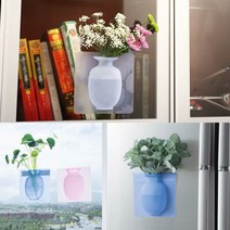벽에붙이는 흡착 실리콘 꽃병 거실장 카페 유리 냉장고 화병, 2벽부착화분-블루
