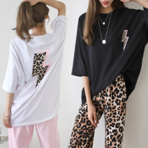 NewCare 여성 루즈핏 반팔티셔츠 호피 나염 롱티셔츠 데일리 반팔티