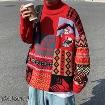 겨울터틀넥 애니메이션 곰돌이 목폴라 스웨터 남자 와이드 루즈핏 오버핏 클래식 캐쥬얼 커플 니트 퍼 2992040807, 레드 브랜드퀄리티 타입 XL