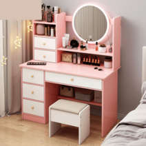 공주 화장대 테이블 소녀 서랍 수납 러블리 조명, 80x37x120cm, 핑크 네모의자포함