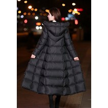 구스 다운 롱패딩 남자 여자 경량 슬림 파카 오버 니 면 패딩 후드 롱 코트 여성용 블랙