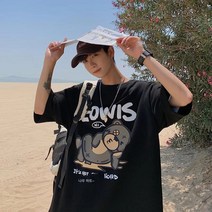 커플룩100%순면포항스타일ins 커플반팔티셔츠남루즈빅사이즈베어프린트5부반팔