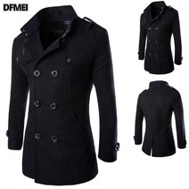 DFMEI 남자 더블 트렌치 하프 슬림 심플 모직 코트