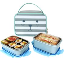 롤리몬 이중 스텐 사각 도시락 2단 + 소스통 + 가방 세트, 1세트, 블루