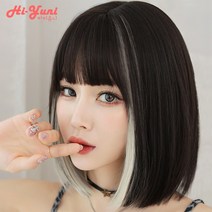 하이유니 여자 브릿지 보브컷 뱅 헤어 단발 통가발 가발 35cm + 거치대 세트, 블랙-아이보리 / 35cm