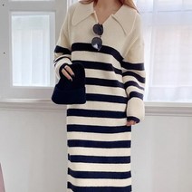 디작소 여성 란이브 스트라이프 카라 니트 원피스