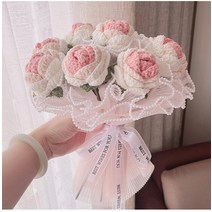 핸드메이드 diy 태국 장미 다발 핸드 부케 수제 재료 가방 털실 완제품 꽃 여자친구 선물, 02 그라데이션 파우더 클러치 장미 다발 소재9송이（모