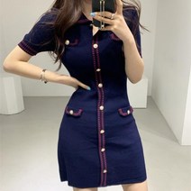 아나운서원피스 5월결혼식하객룩 예복원피스 여성 미니 니트 드레스 빈티지 금속 단추 높은 허리 칼집 연필 턴 다운 목 우아한 레이디