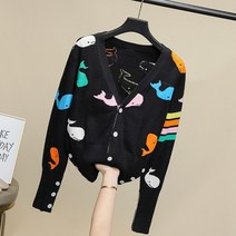V 넥 칼라 고래 무늬 긴팔 니트 카디건 캐주얼 컬러플 무늬 니트 가디건