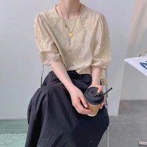 POMTOR 여름 자수 레이스 셔츠 반팔 여 패션 퍼프 상의 블라우스