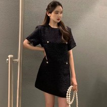 가을 데이트 트위드원피스 돌잔치 하객룩 상견례 추석 미니 드레스 원피스 여성용 우아한 빈티지 반팔 트위드 심플한 넥 루즈한 한국 스타일 시크한 로브 봄 여름