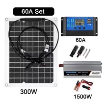 태양열발전기 가정용 캠핑 1500W 태양 광 발전 시스템 키트 배터리 충전기 300W 전지 패널 10-60A 충전 컨트롤러 완전 홈 그리드 캠프, 60A Set