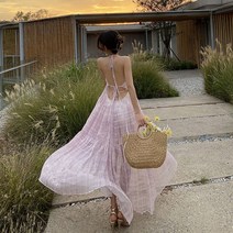 보헤미안 원피스 라벤더 쉬폰 중년 휴가 바캉스 히피룩 미시룩 자연주의 휴양지 여성