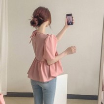 워너비뮤즈 / 베이비돌 뒷 리본 퍼프 A라인 셔링 반팔 블라우스